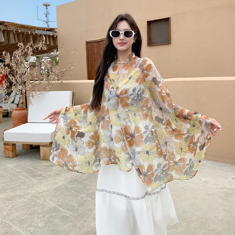 Versão coreana planta flor impressão Bali fio lenço de seda xale feminino verão estilo fino protetor solar praia viagem