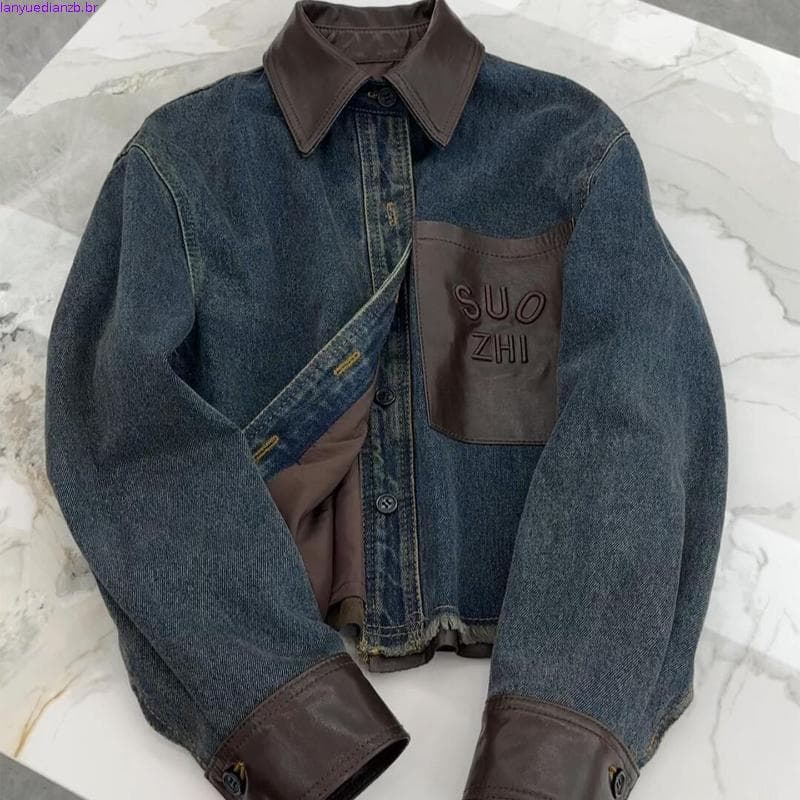 Jaqueta Jeans Feminina Com Gola De Couro Primavera Outono Casual Solto Agasalhos