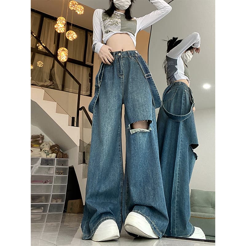 Macacão jeans rasgado para mulheres plus size, para primavera e verão, cintura alta, modelador, solto, com pernas largas