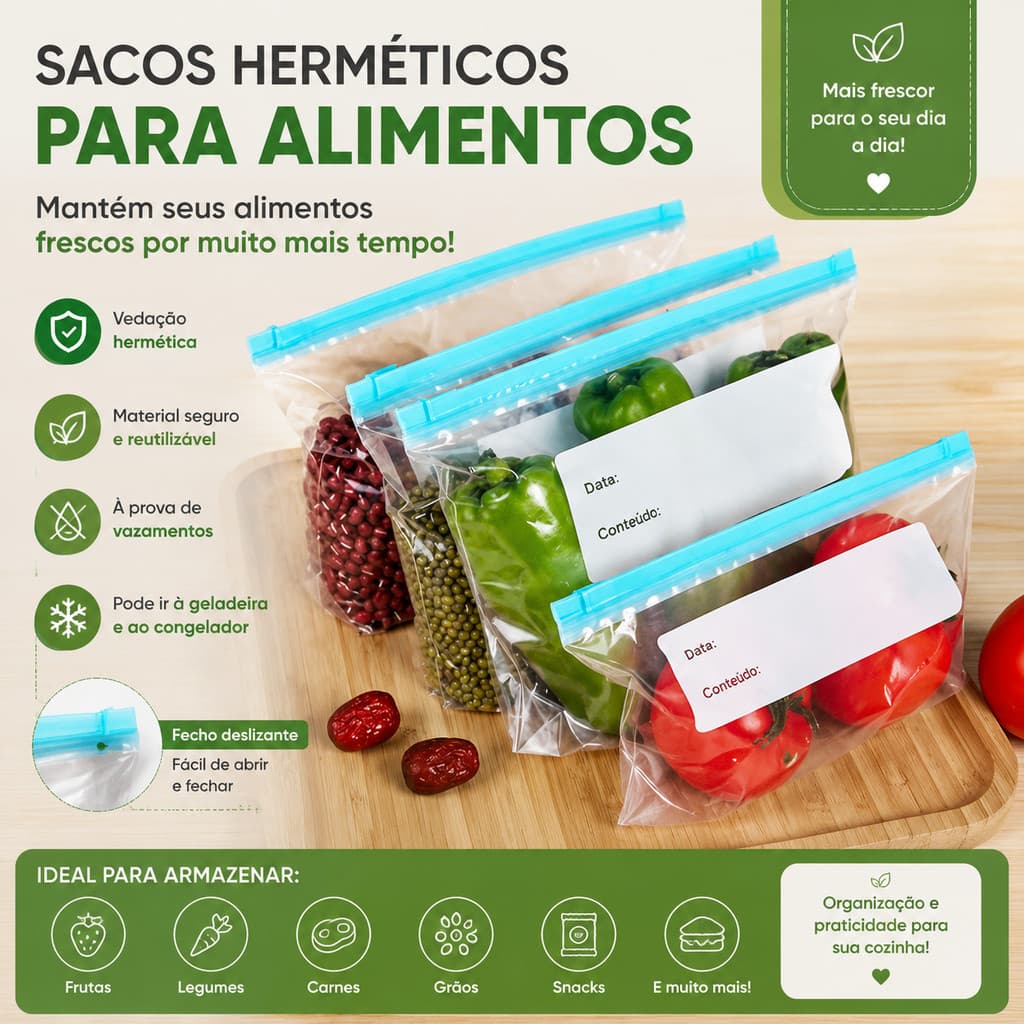 Kit 40 Sacos Reutilizáveis Para Alimentos Congelador Acaba Desperdício Plástico Vedação Sem Vazamento