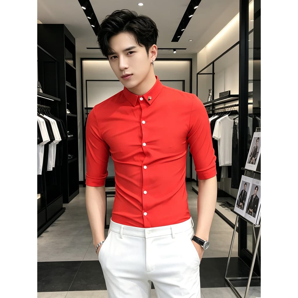 2026 verão roupas masculinas de tamanho pequeno puffian bonito vermelho camisa de manga média masculina fino ajuste High