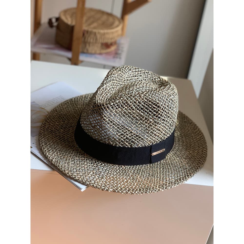Chapéu de Jazz de aba plana com grama salgada Natural estilo dinheiro antigo, chapéu oco tecido à mão, aba larga