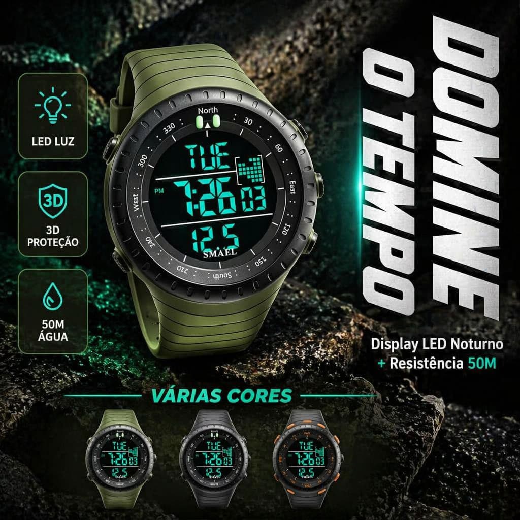 Relógio Masculino Digital Esportivo TPU Resistente à Água 50 Metros Cronógrafo Alarme Calendário Pulseira Flexível