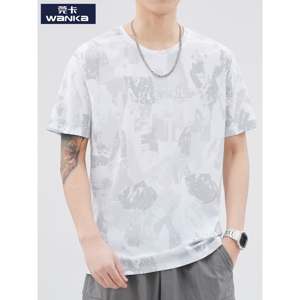 Camiseta de manga curta masculina verão fino solto Casual camiseta de seda gelo carta impressão camuflagem na moda roupa