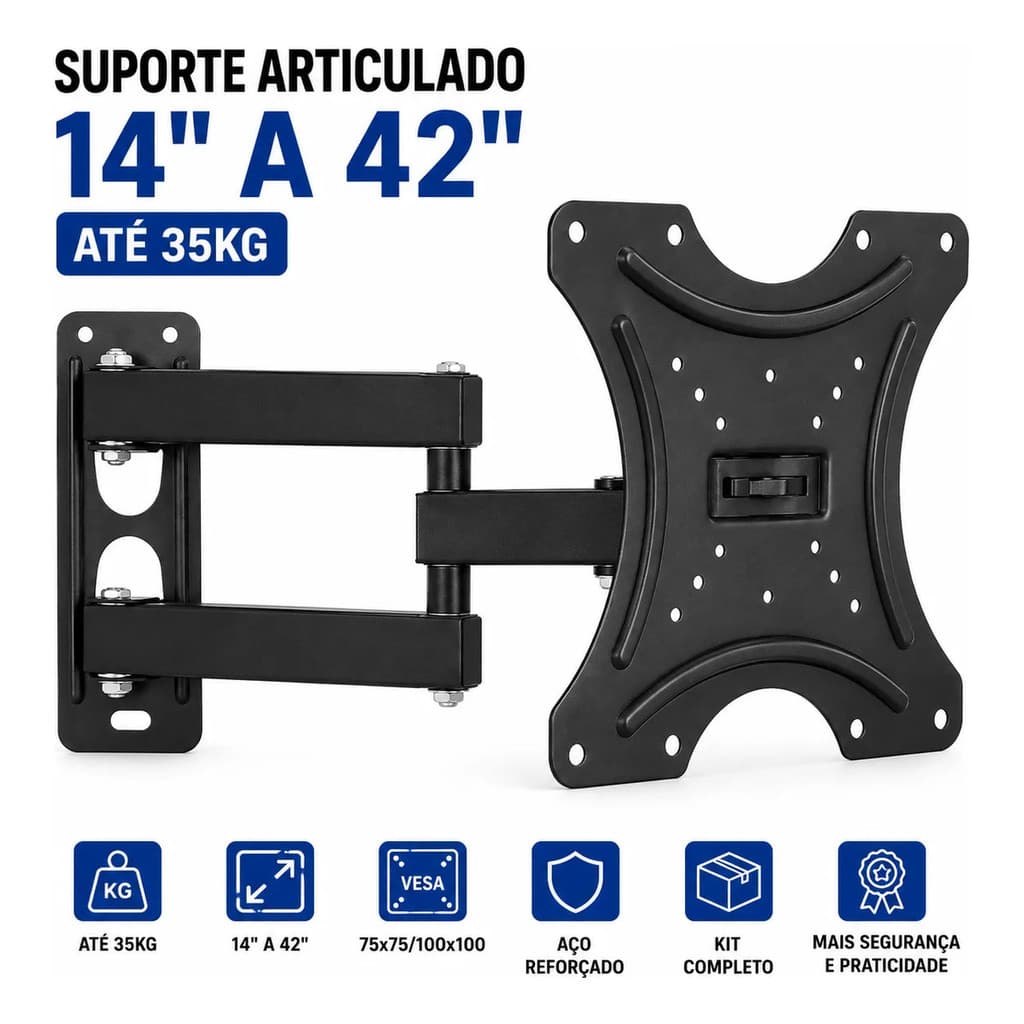 Suporte TV Articulado 14 a 42 Polegadas Parede VESA 35kg Universal Preto