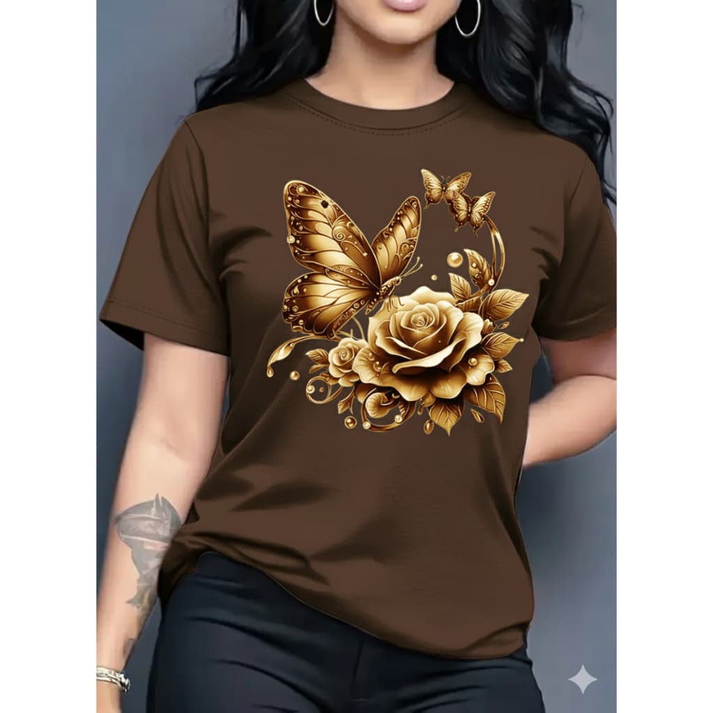 CAMISETA FEMININA ALGODÃO PREMIUM CASUAL E ELEGANTE BORBOLETA FLORAL