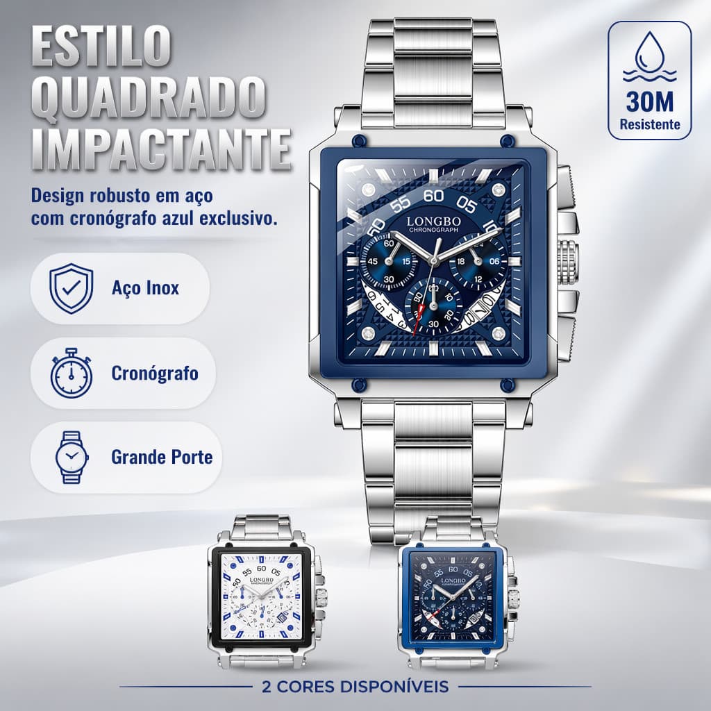 Relógio Masculino Quadrado Azul Cronógrafo Aço Inoxidável Resistente à Água 30 Metros Com Data Luminosa Para Homens