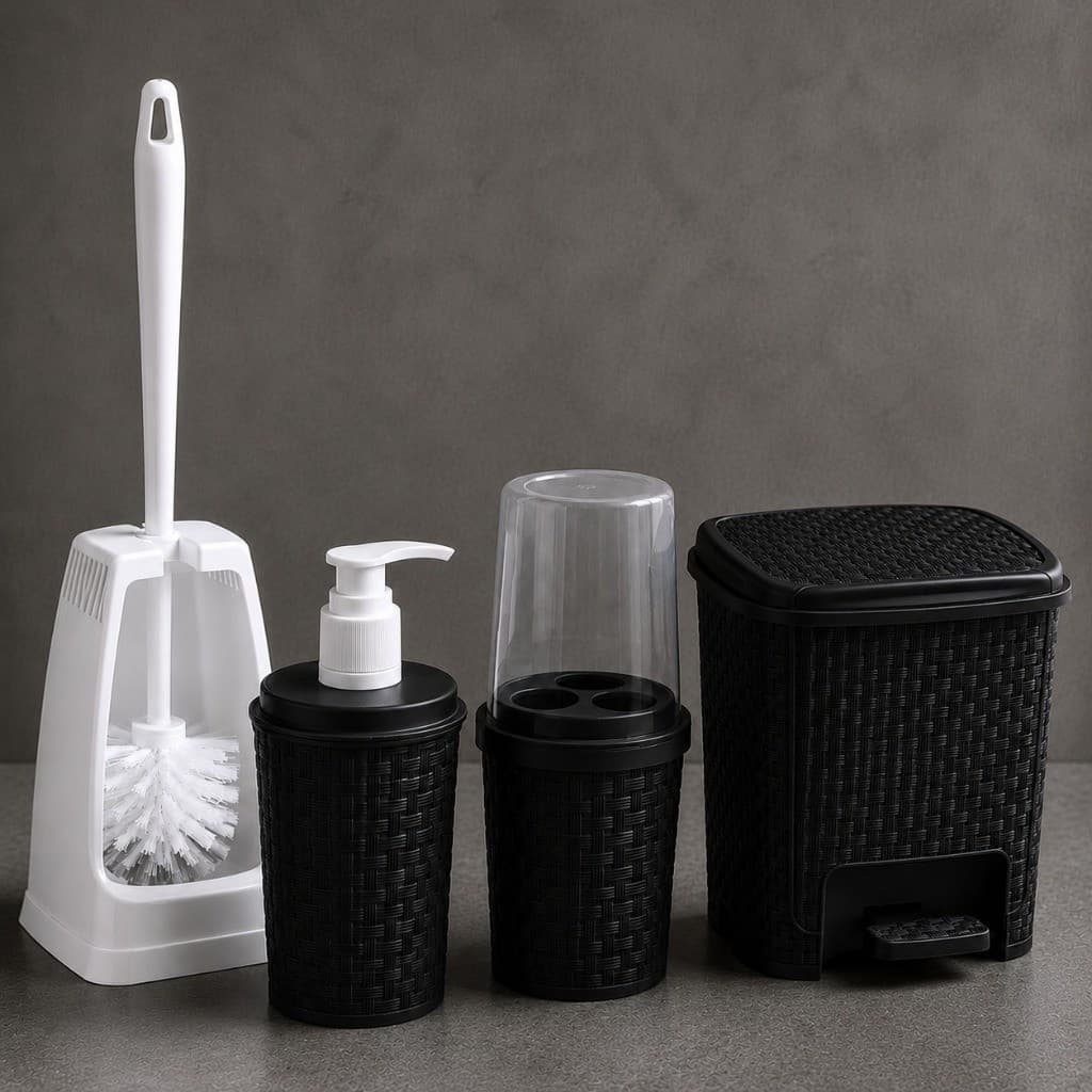 Kit Banheiro Completo Rattan Preto Luxo Lixeira Com Pedal Porta Sabonete Porta Esvova Sanita Moderno