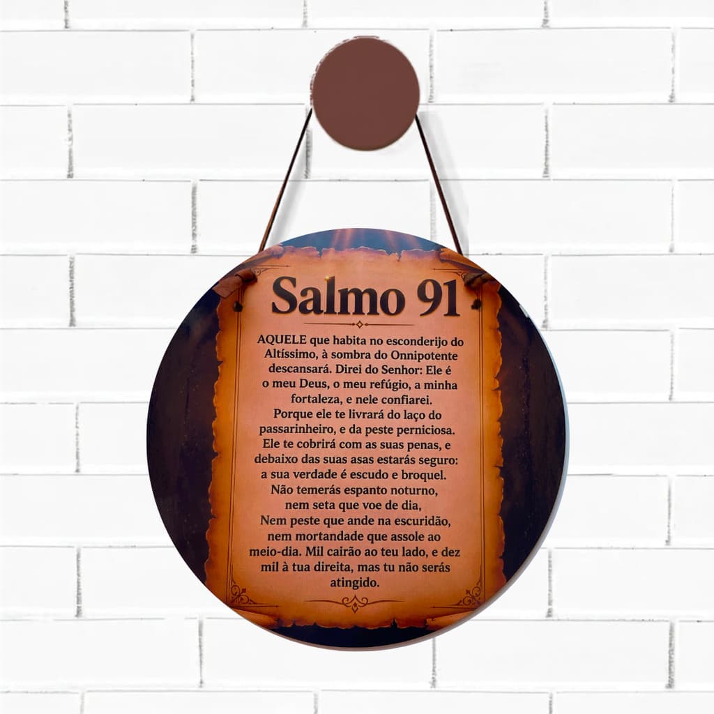 Placa Decorativa Salmo 91 Quadro Religioso De Parede E Porta MDF Redondo Cristão 20cm