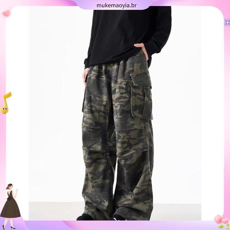 Macacão Americano Retrô High Street Camuflado Com Vários Bolsos Para Homens E Mulheres , Calças Soltas De Pernas Largas