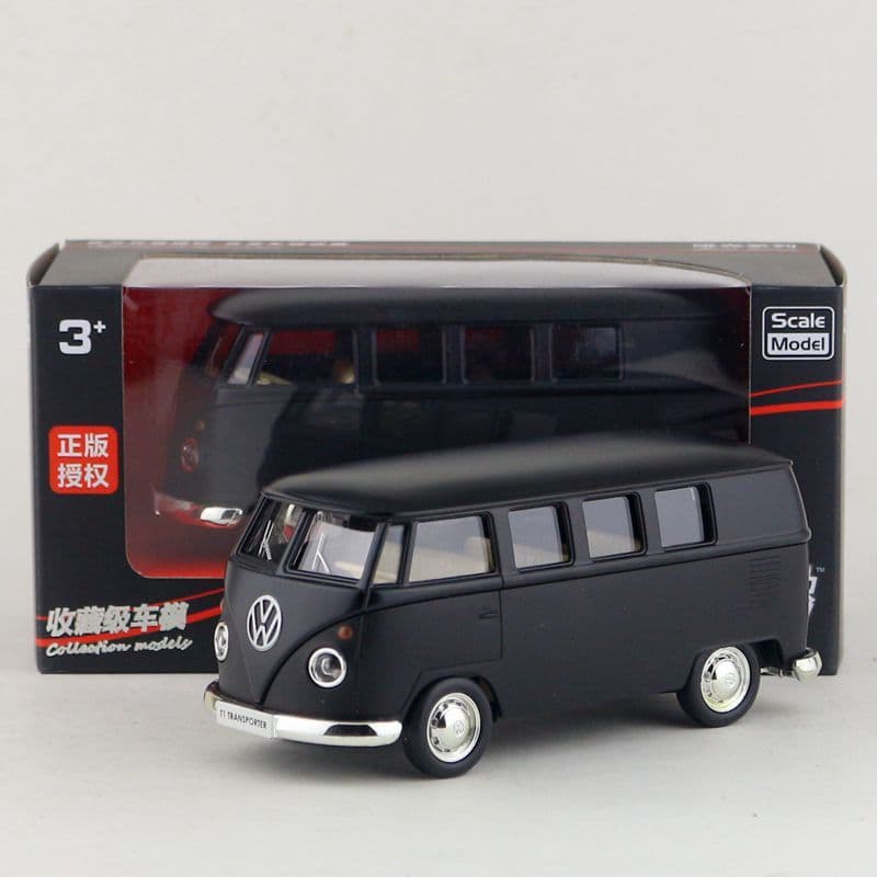 Carro de liga de 17 cm Volkswagen T1 Bus Metal modelo de brinquedo infantil caixa de janela preta fosca