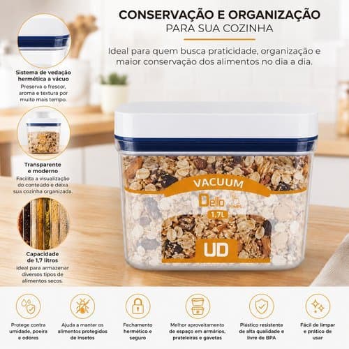 🟩🤑🤩Pote Hermético Retangular 1,7L Sistema Pumps Vedação Contra Vazamentos tecnologia de fechamento a vácuo