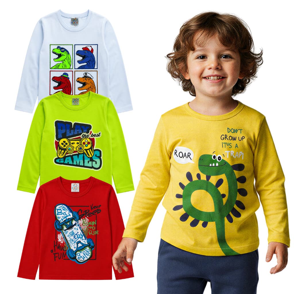 Kit 3 Camiseta Infantil Manga Longa Menino Blusa Meia Estação Roupa Masculina Bebê