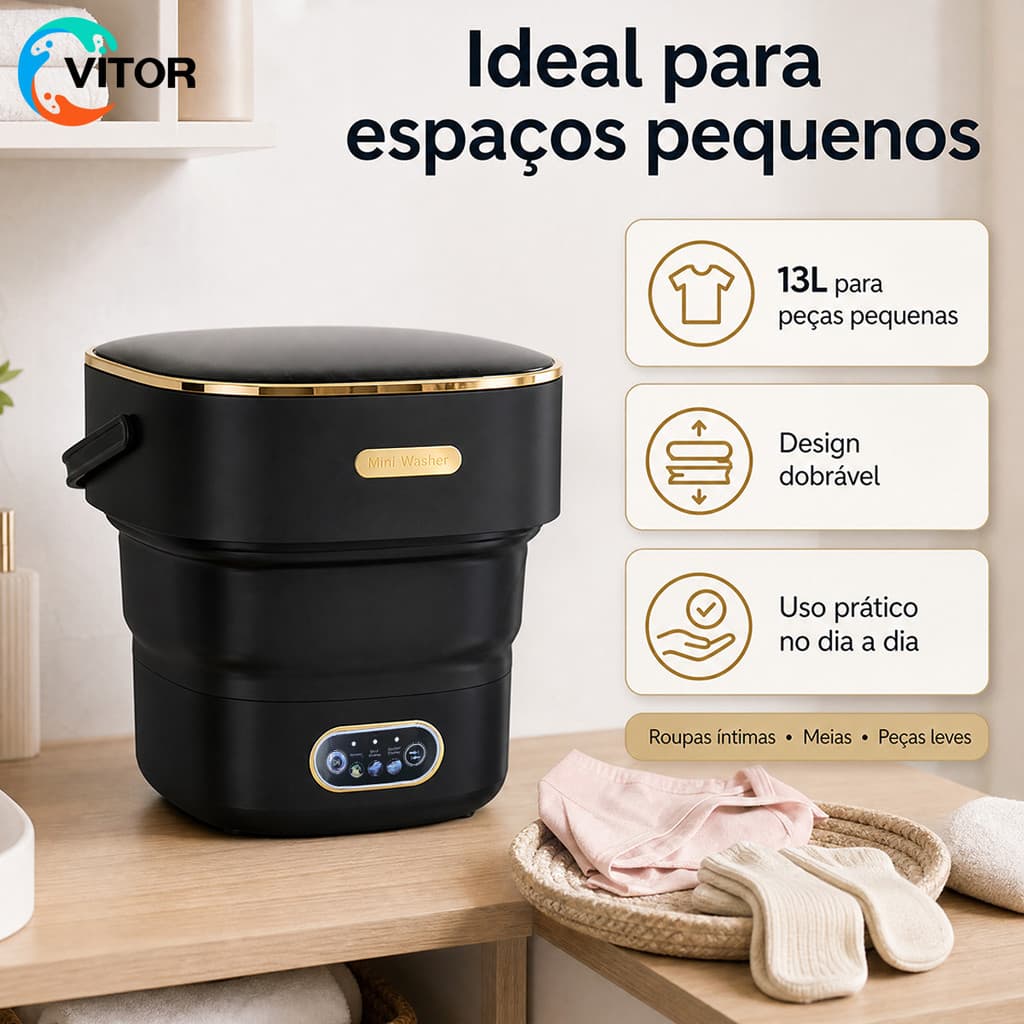 Lavadora Portátil Dobrável 13L Modelo 2026 | Máquina de Lavar Mini para Viagem, Hotel e Camping | Design Moderno VITOR