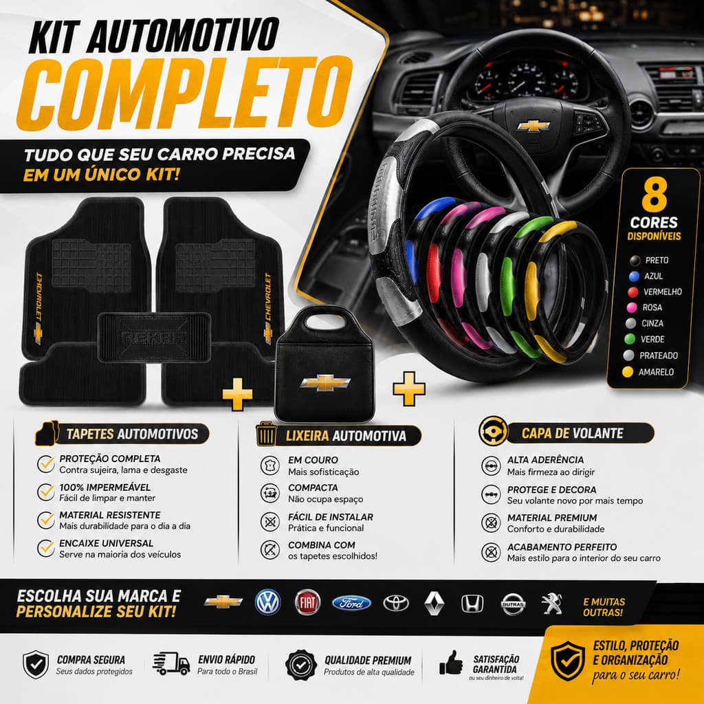 Kit Automotivo Completo Tapete Borracha Impermeável Capa Volante Universal Lixeira em Couro