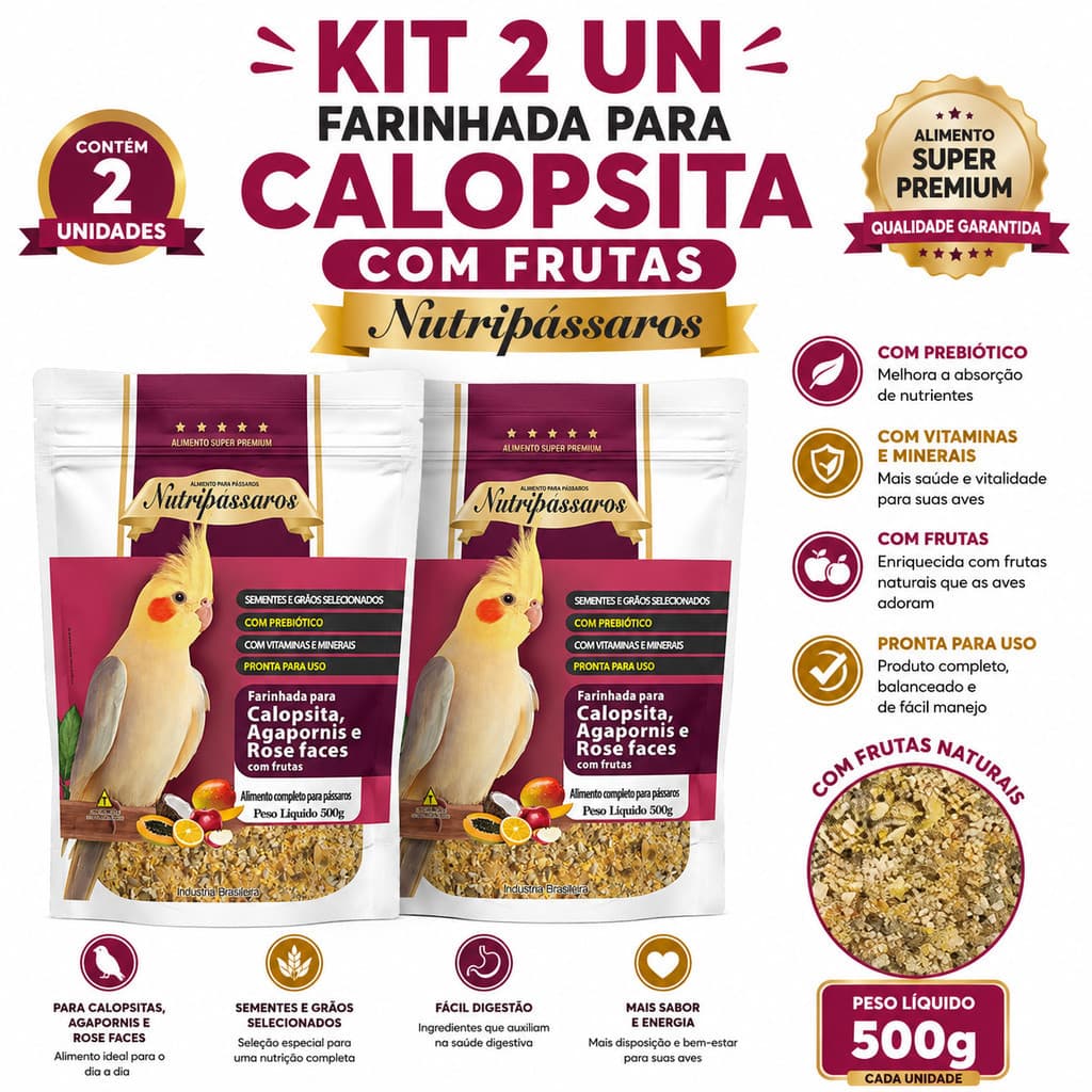 Kit 2 un - Farinhada Para Calopsita 500g Nutripássaros