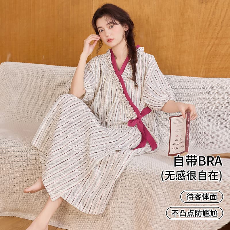 ((Kimonos & Robes) Camisola feminina dia estilo fino vem com almofada no peito Anti-colisão menina pijama de manga curta