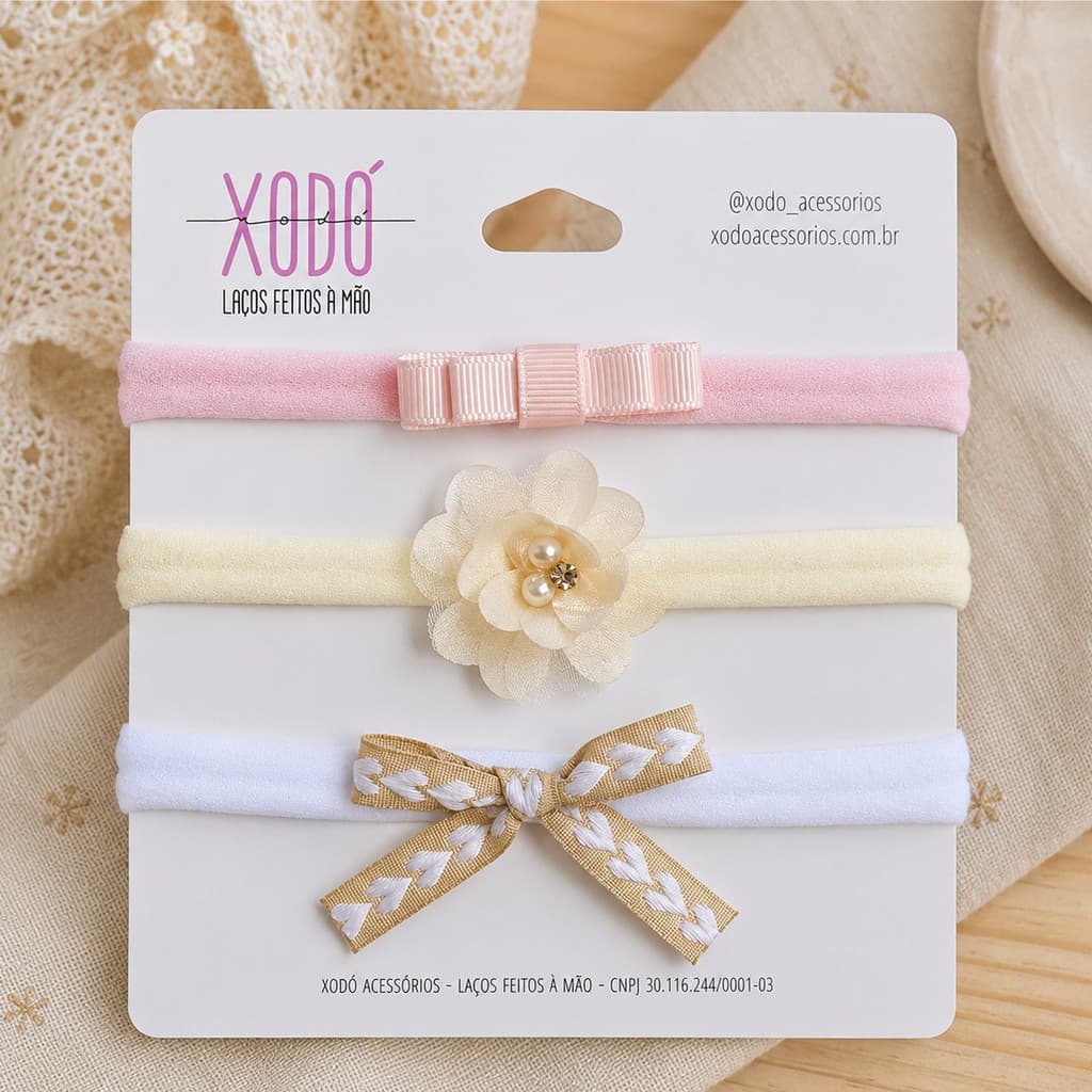 kit de 3 faixas tiaras de bebê meia de seda: laço rosa, flor, clássico coração branco