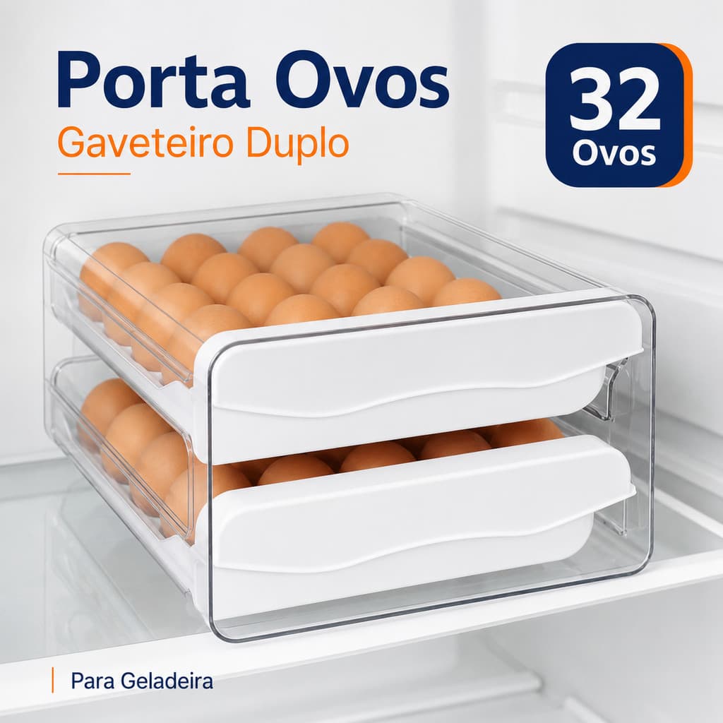 Gaveteiro Porta Ovos Geladeira Organizador Duplo 32un Empilhável Cozinha Plástico Prático Tampa