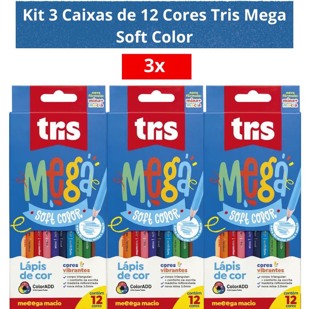 Kit 3 Caixas de Lápis de Cor 12 Cores Tris Super Soft Macio Alta Qualidade Fácil de Apontar  Cores Vibrantes