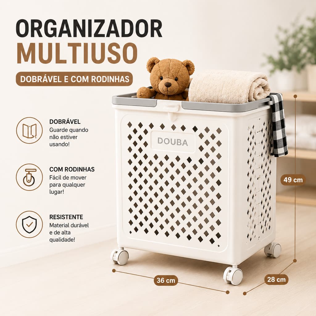Cesto Organizador Dobrável Com Rodinhas Roupa Suja Lavanderia Brinquedos Multiuso