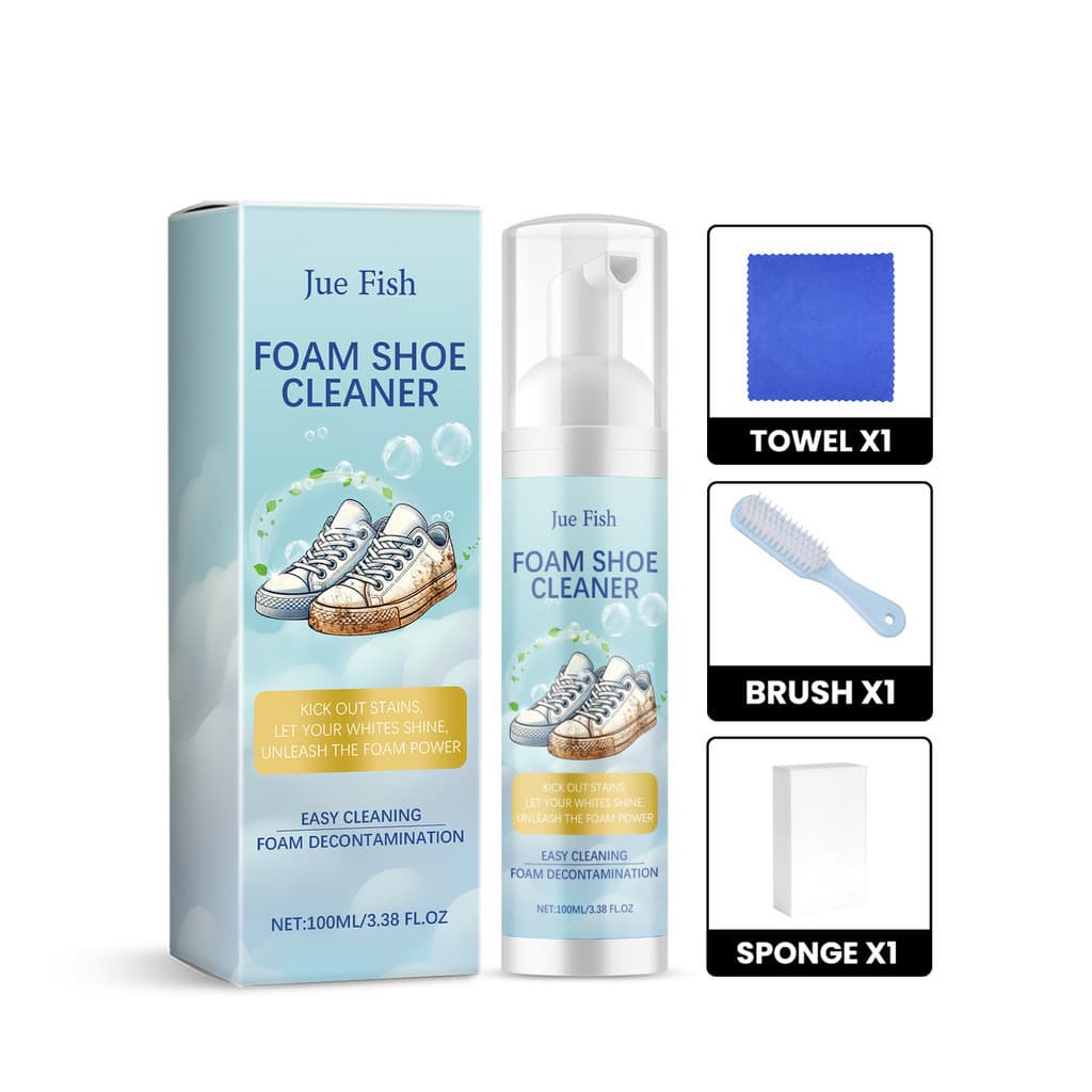 O Kit de Limpeza com Espuma para Sapatos Brancos Jue-Fish é utilizado para limpar e desodorizar calçados esportivos e sa