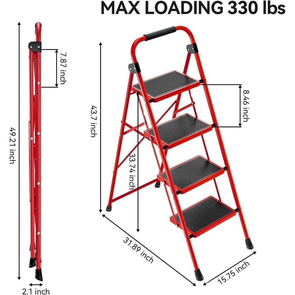 Escada de 4 Degraus KINGRACK, Escada Dobrável com Pedal Antiderrapante e Largo, Escada Leve com Corrimãos, Portátil para
