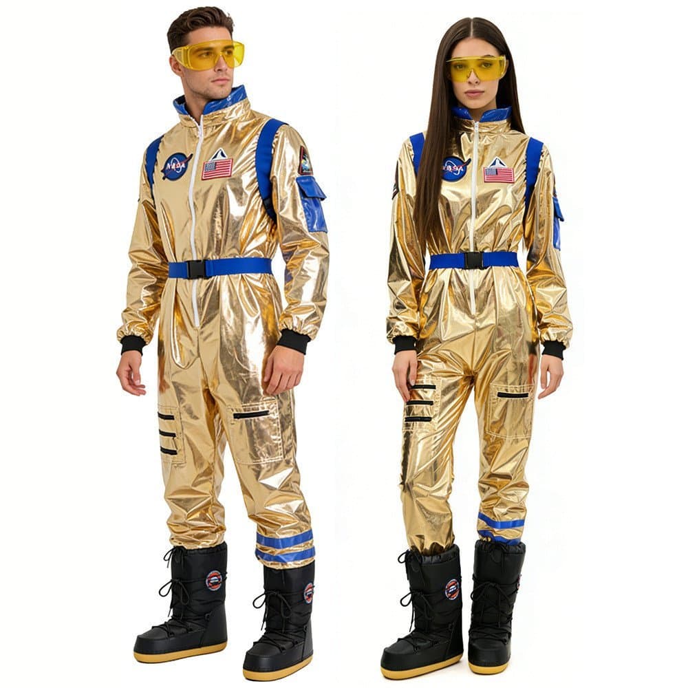 Traje espacial dourado mais vendido, fantasia de astronauta para casal para festa de Halloween e apresentação em palco F
