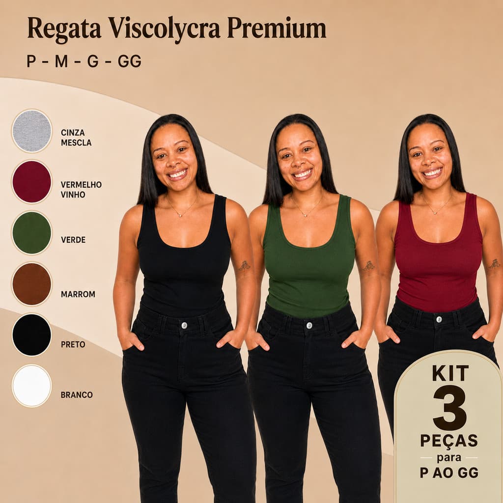 Kit 3 Regatas Femininas Basicas Alça Larga Viscolycra Premium