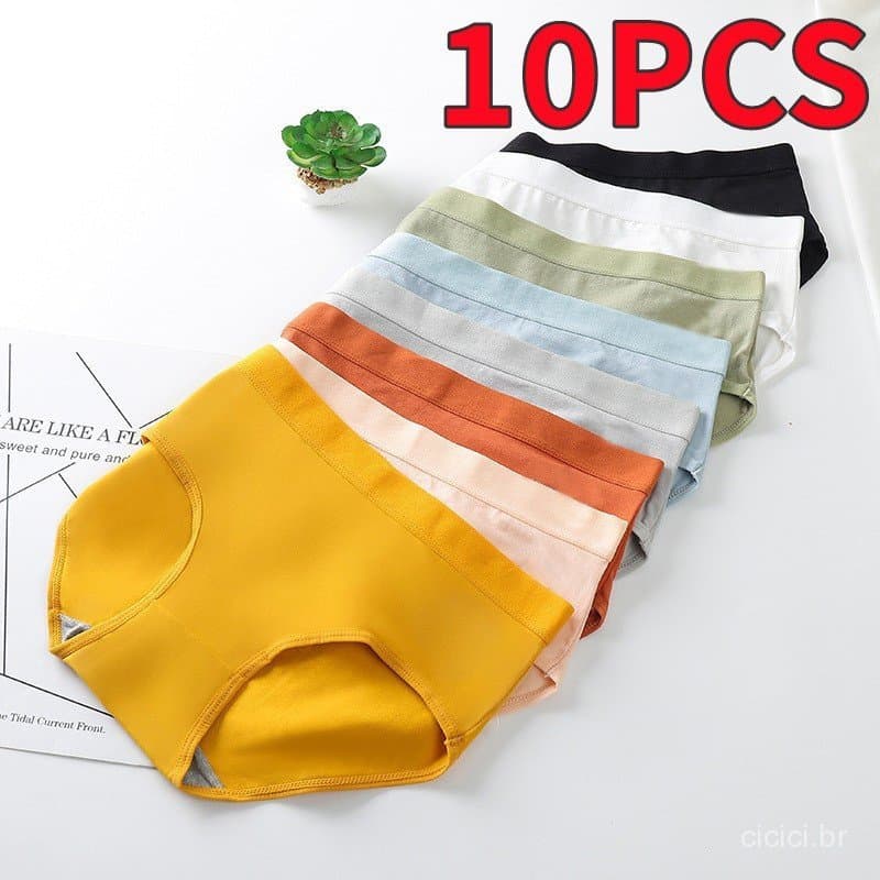 Conjunto de 10 Peças de Roupas Íntimas Femininas de Cintura Média, Cor Sólida, Sem Costura, F1OC