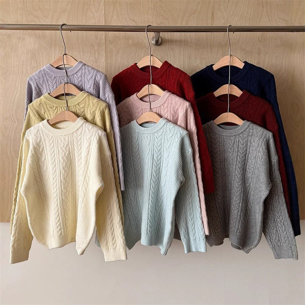 Suéter Pulôver Retrô Torcido Macio Ceroso – Estilo Coreano Relaxado Feminino Inverno Casual
