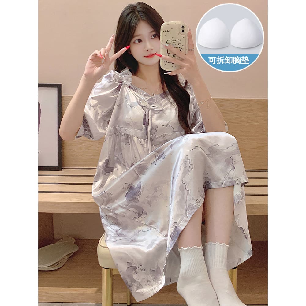 Camisola feminina verão gelo seda fina pijamas de manga curta feminino com almofadas no peito verão High-End pintura a t