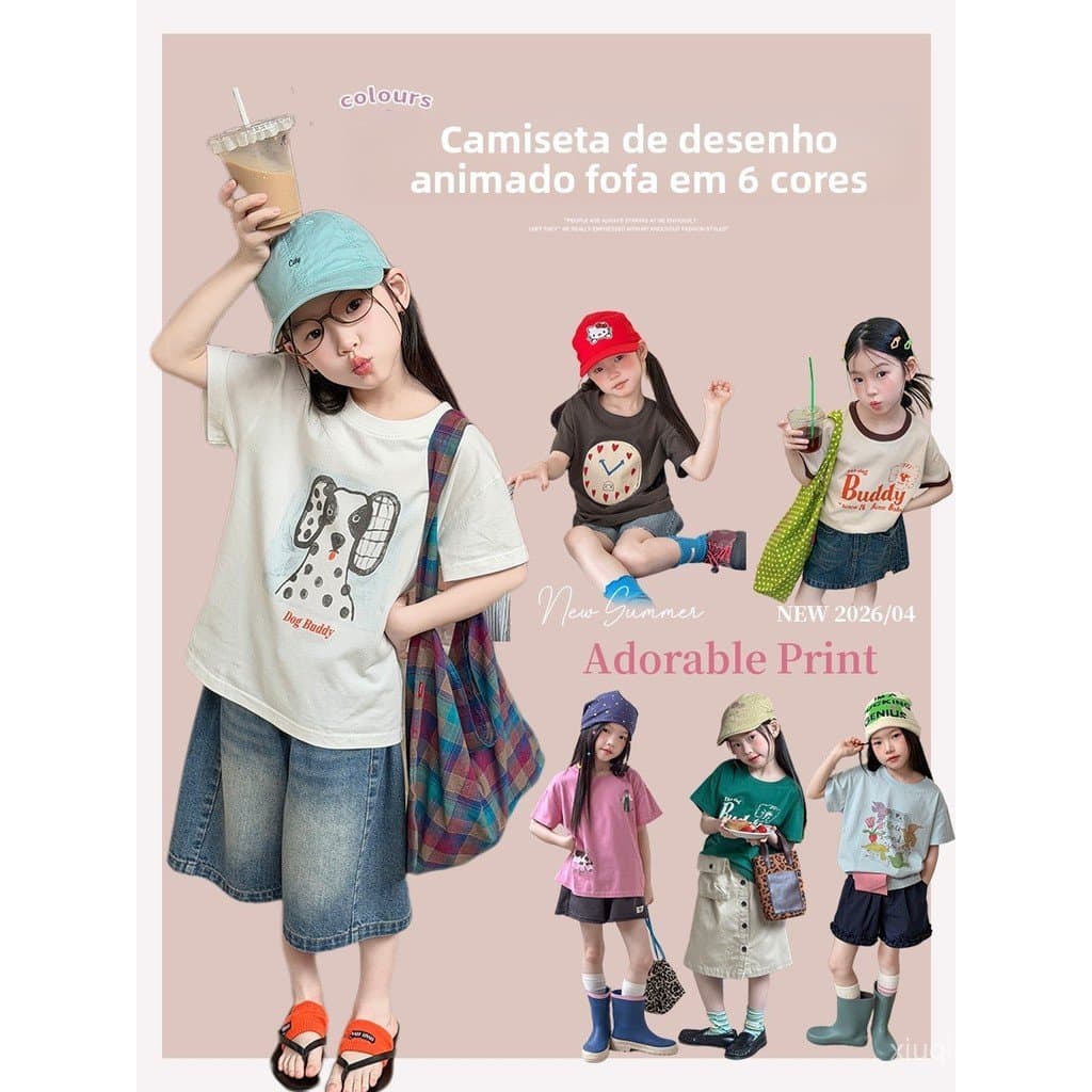 2026 Aimo Beibei Camiseta de Verão para Meninos e Meninas em Algodão Puro, T-shirt Infantil Moderna de Alto Custo-Benefí