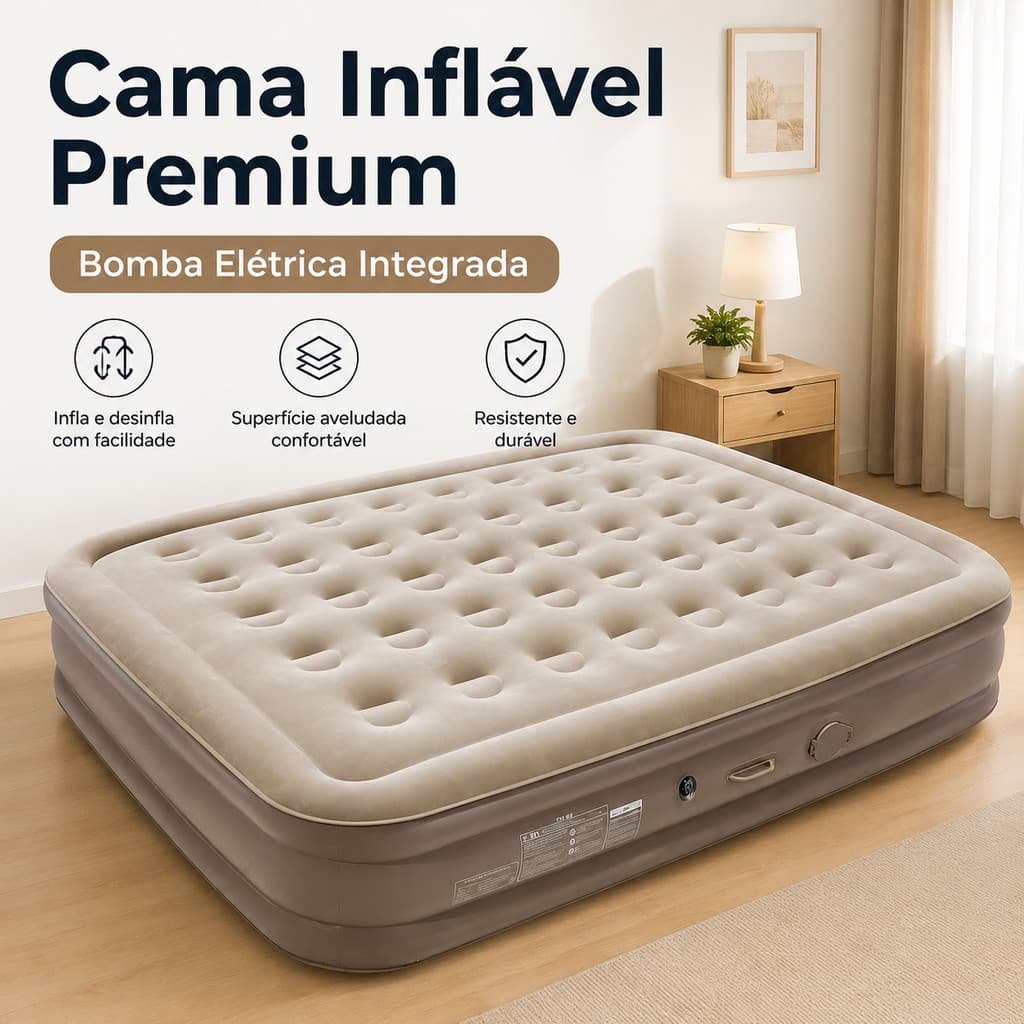 Colchão Inflável Casal com Bomba Elétrica Integrada Cama de Ar Aveludada Alta Confortável 200x150x40cm
