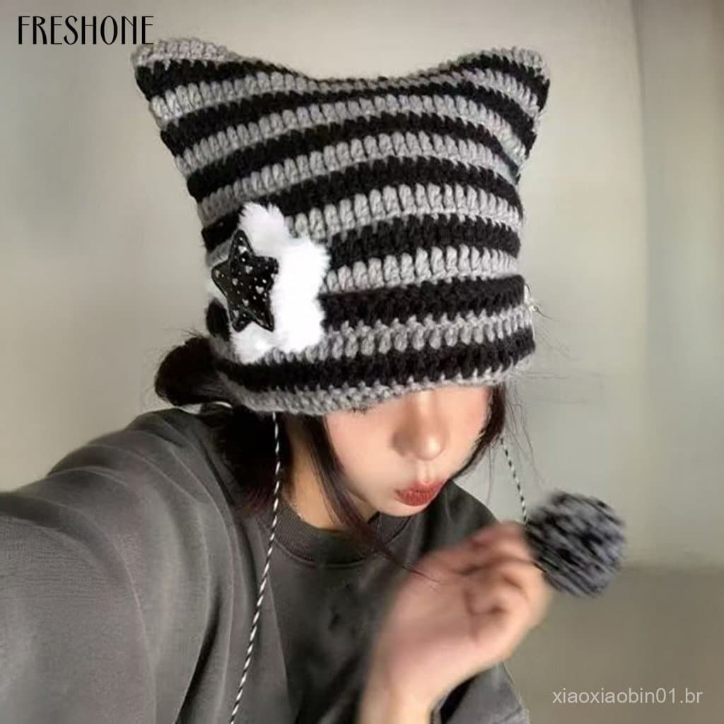 Soft Winter Hat Windproof Adorable Cat Ear with Plush Ball Stylish Striped Print Warm Women's Headwear for Cold Weather