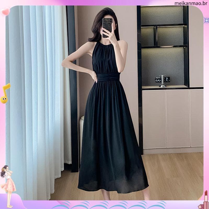 High-End sentimento temperamento feminino Chiffon Halterneck estilingue vestido cintura estreita mais magro olhar pequen