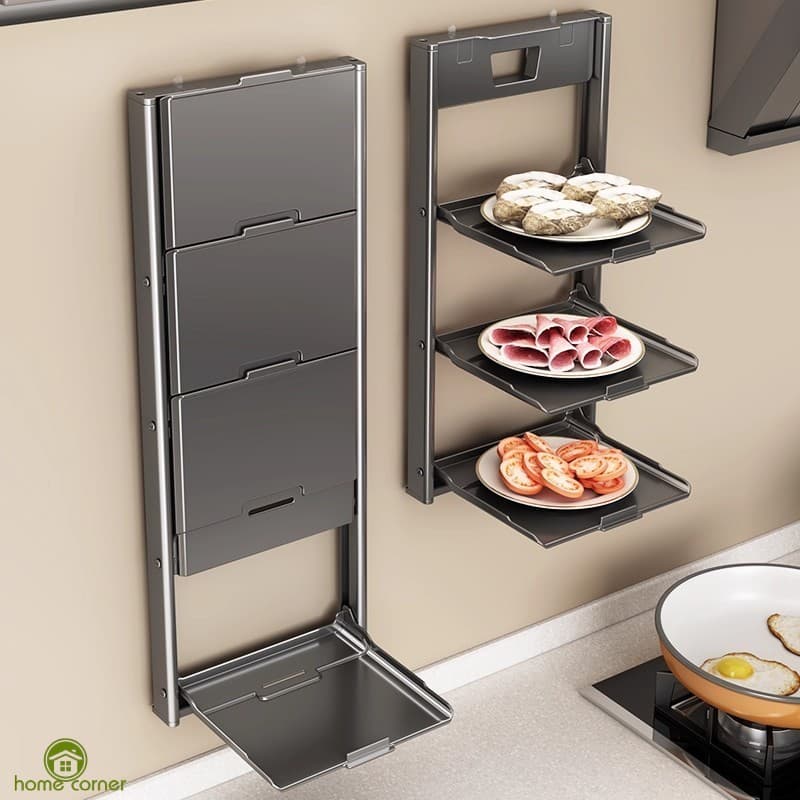 Rack De Armazenamento De Cozinha Dobrável Montado Na Parede-Organizador De Preparação De Alimentos Com Ventosa Multicama