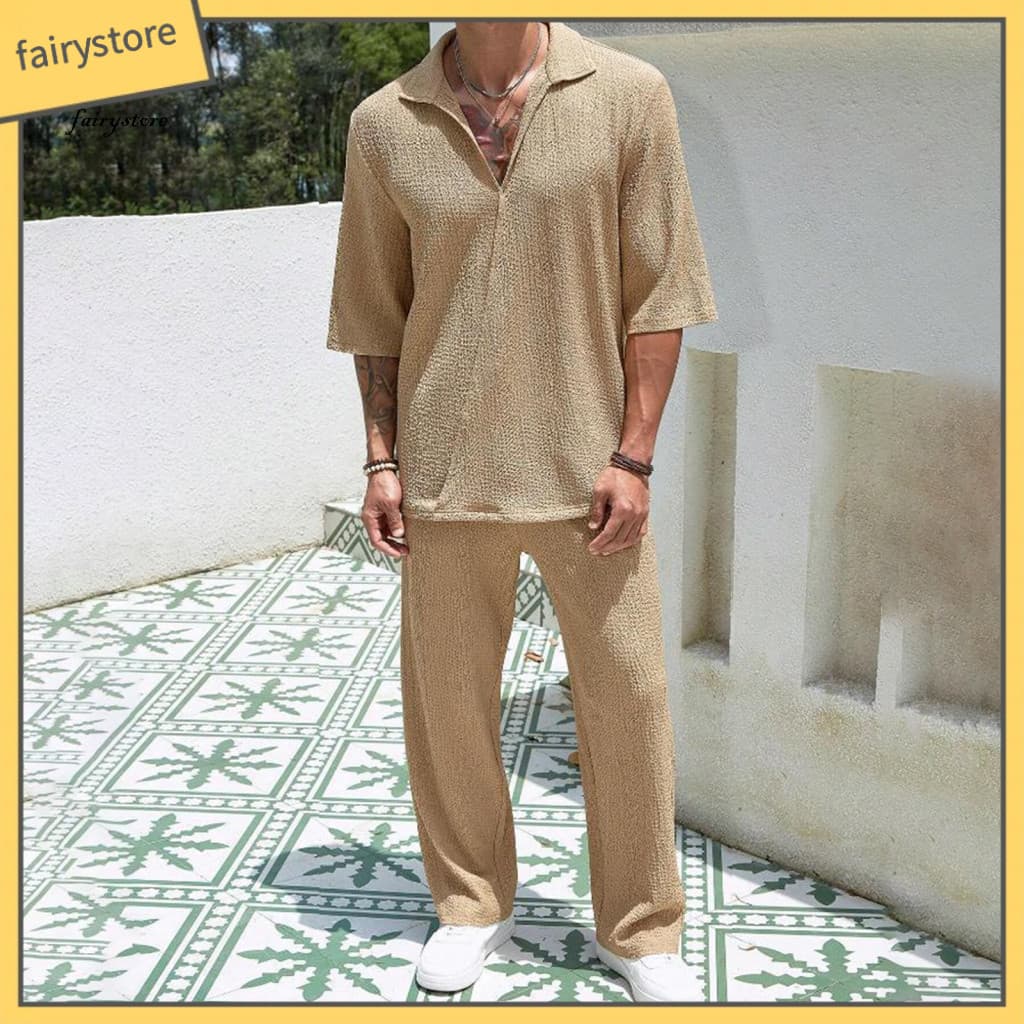 Regular Fit Men Suit Casual Men's 2-pcs Set Long Sleeve Lapel Top Elastic Waist Pants Solid Color Commuter Outfit Comfor