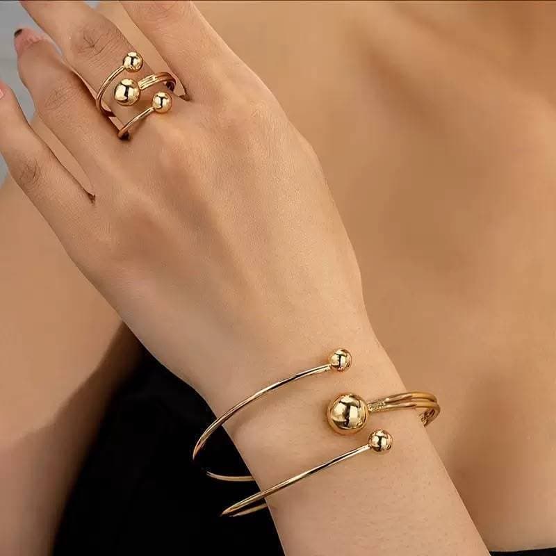 Conjunto Pulseira Dupla Bolinhas Ajustável + Anel Esfera Metálica Ouro/Prata Joias Minimalista Feminina Uso Diário
