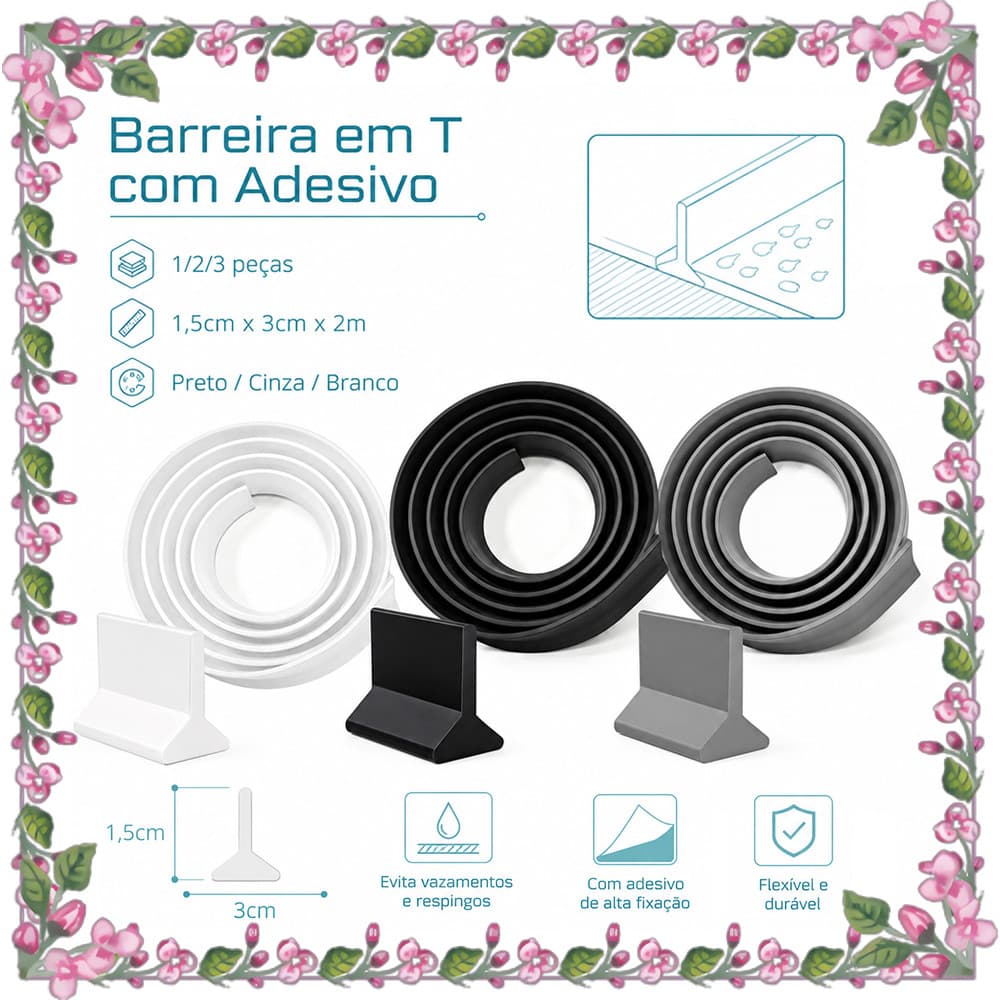 Vedação Autoadesiva para Piso 1/2/3 Unidades, 2m em TPE Dobrável para Box e Banheiro Preto/Cinza/Branco