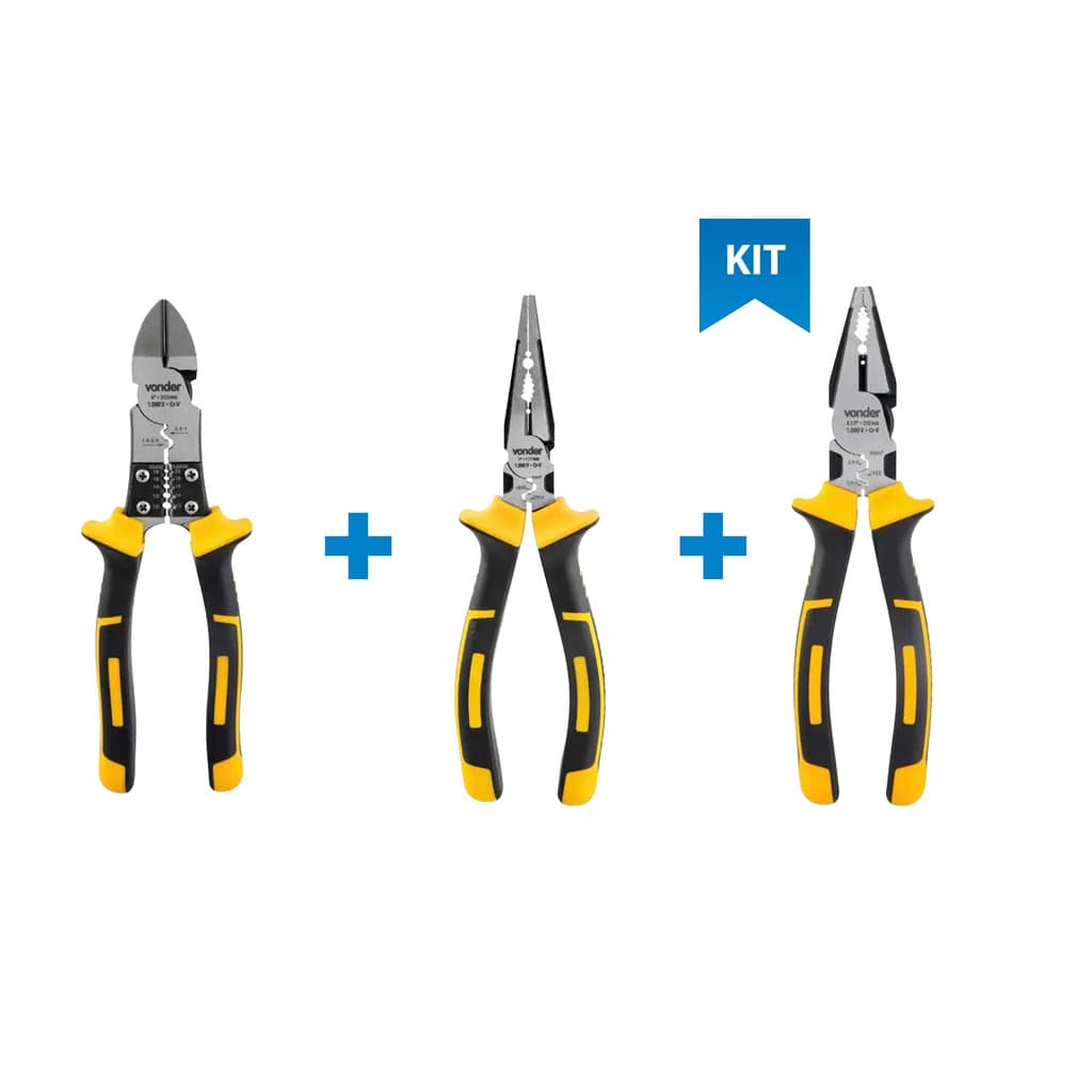 Kit Alicates Vonder Alicate Universal 8.1/2" + Alicate Bico Meia Cana 7"  + Alicate Corte Diagonal 8"