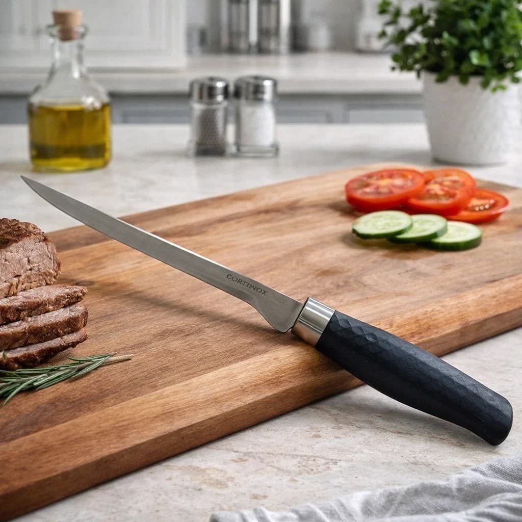 Faca Fatiadora Carne Descascador Cabo Preto Afiada Churrasco Desossar Desfiar Oferta