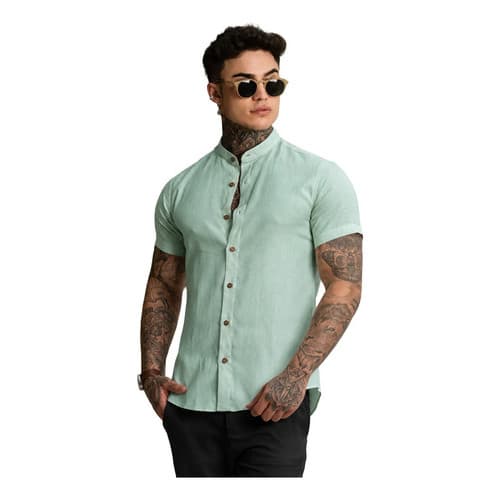 Camisa Social Gola Padre Verde Claro Manga Curta De Linho