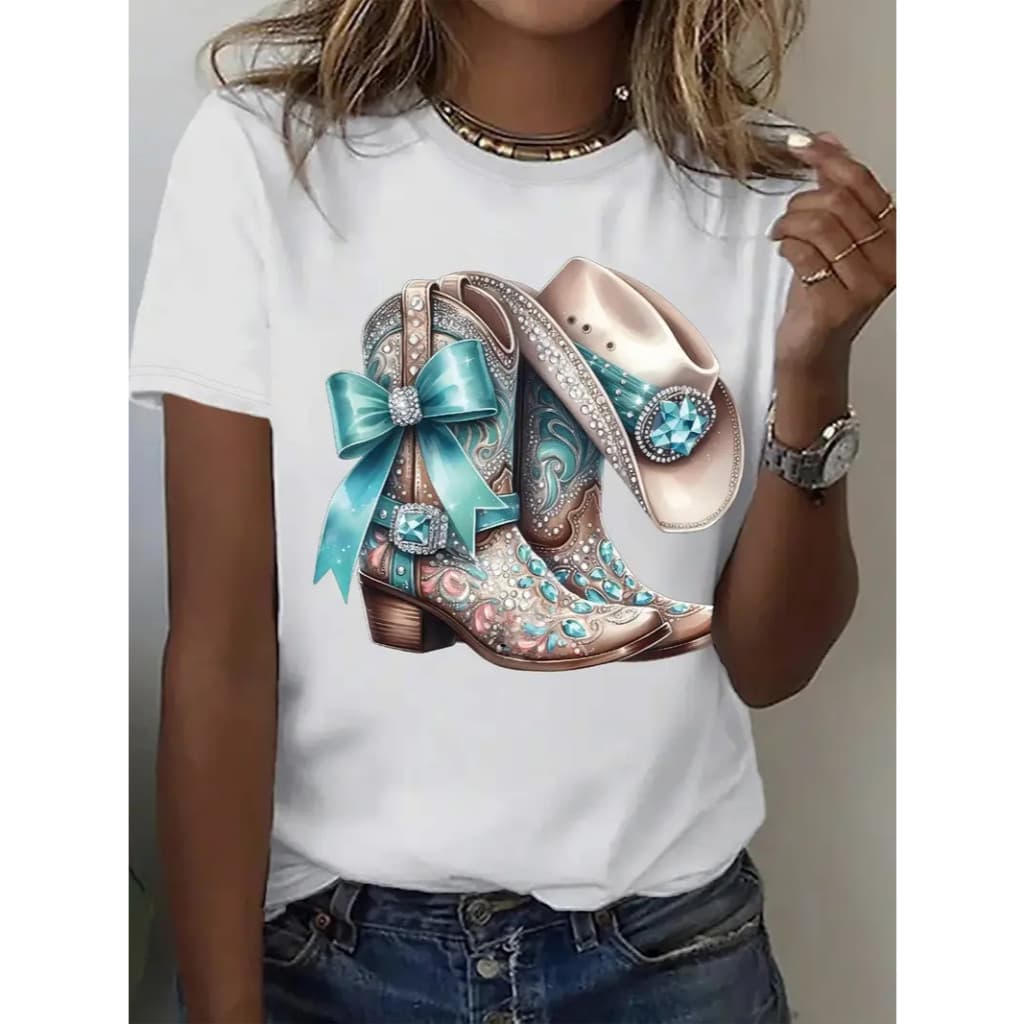 CAMISETA FEMININA BASICA ALGODÃO PREMIUM ESTILO COUNTRY CHAPEU E BOTA