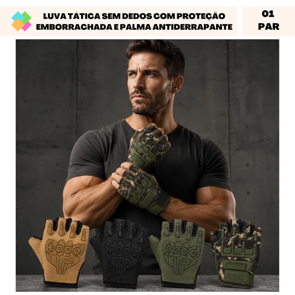 Luvas Táticas Sem Dedos Com Proteção Emborrachada e Palma Antiderrapante (1 Par)