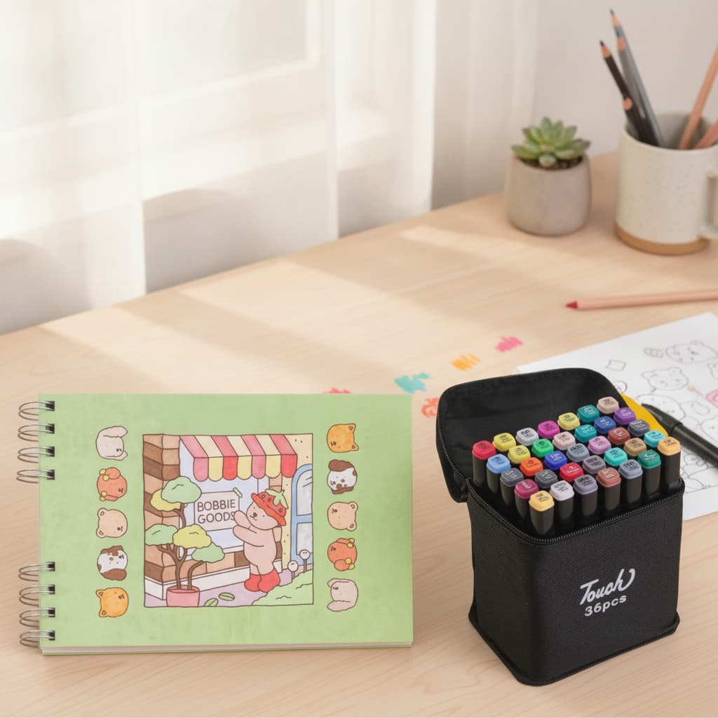 Livro de Atividades Infantil Urso Verde + Estojo Completo com 36 Canetas Colorir Presente