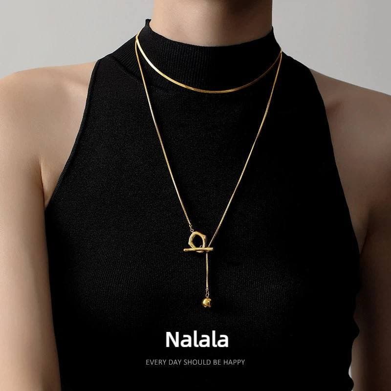Moda Europeia Atmosfera T-Botão Grânulo Colar Feminino Nicho Luz Luxo k Banhado A Ouro Não-fadi