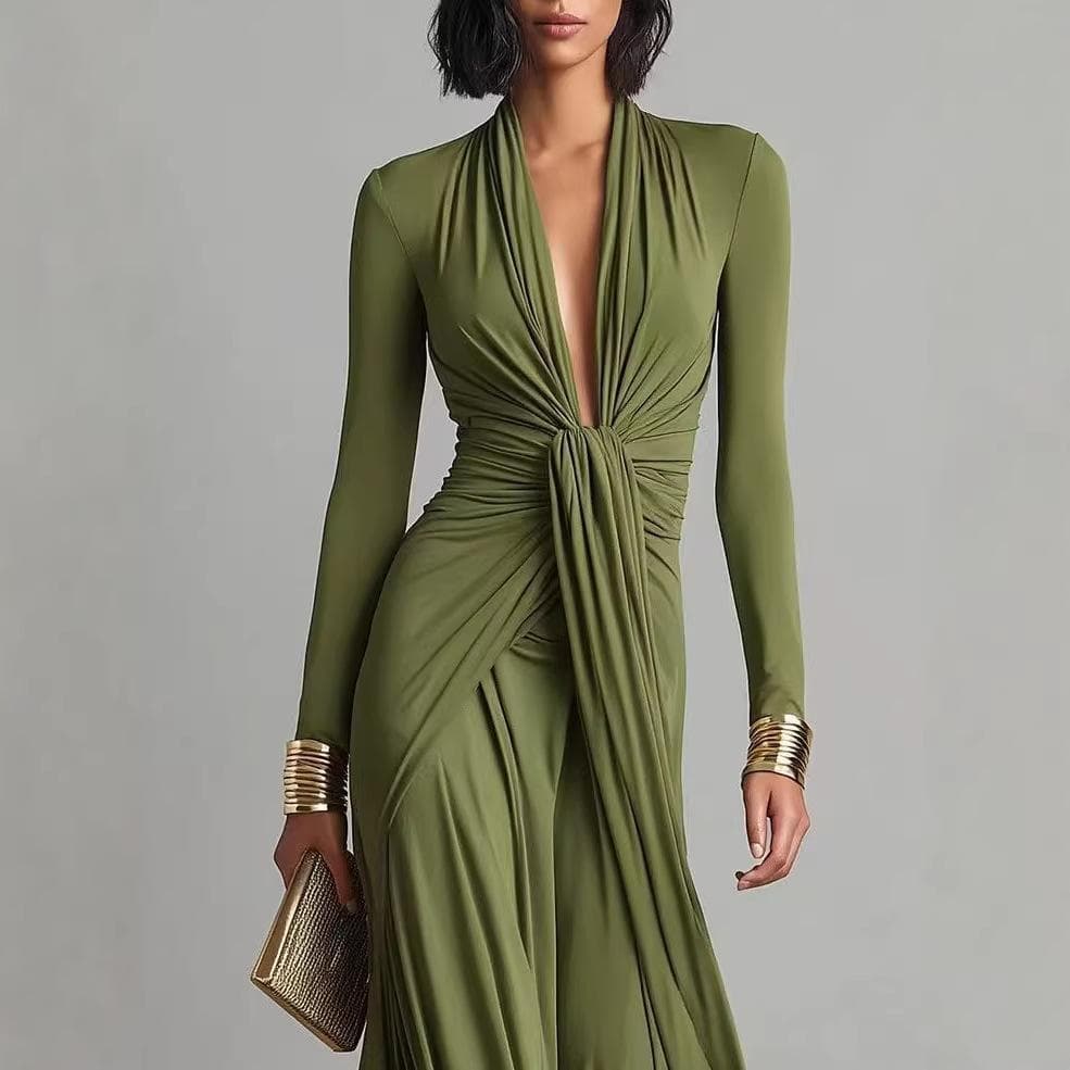 Primavera outono novo estilo vestido feminino francês, textura de cor sólida Design de manga comprida, temperamento suav