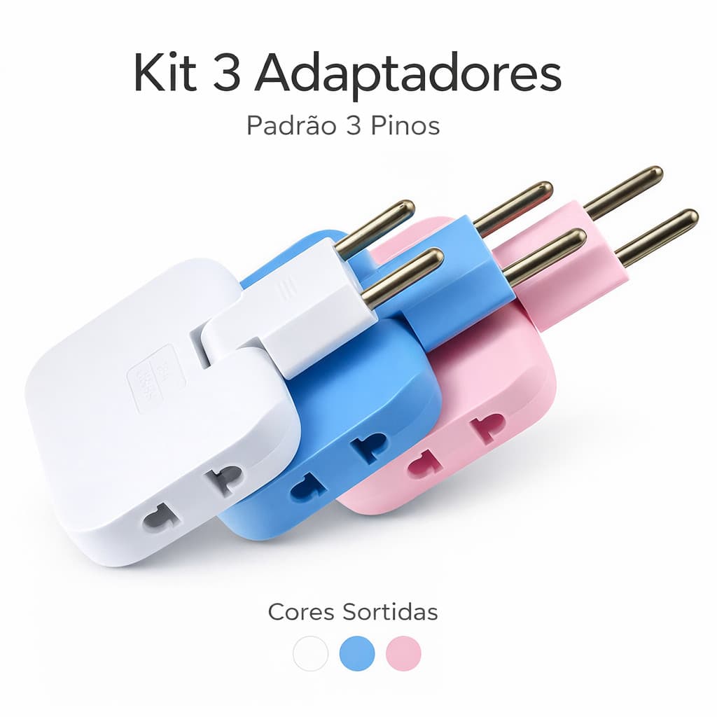 Kit 3 Adaptadores de Tomada 2 Pinos Padrão Brasileiro Bivolt Universal