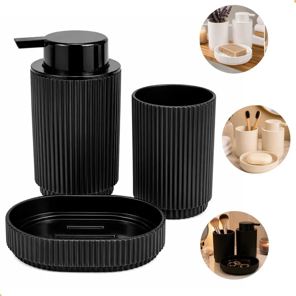 Kit Banheiro Lavabo 3 Peças Canelado Porta Sabonetes E Copo Preto Canelado